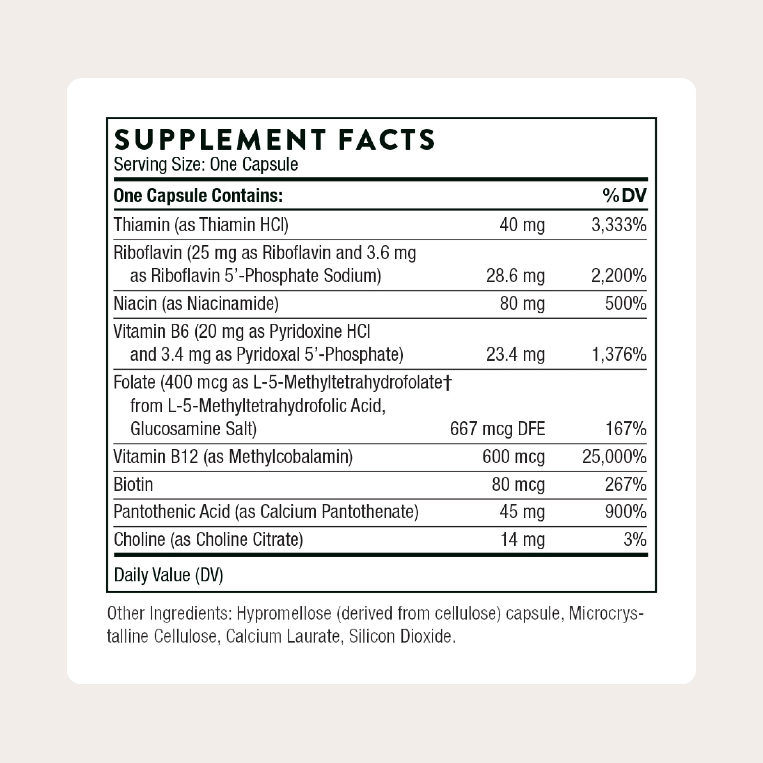 THORNE B-Complex 12: capsules actives, absorption potentiellement optimisée.