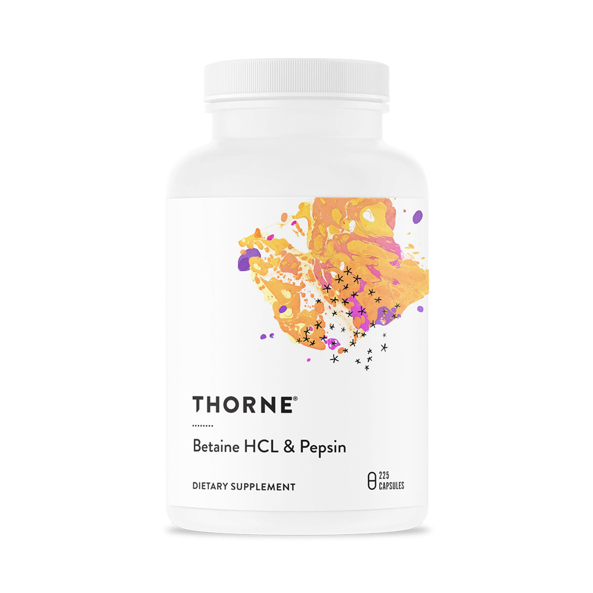 THORNE Betaine HCL Pepsin, bouteille, soutien potentiel à la digestion après les repas.