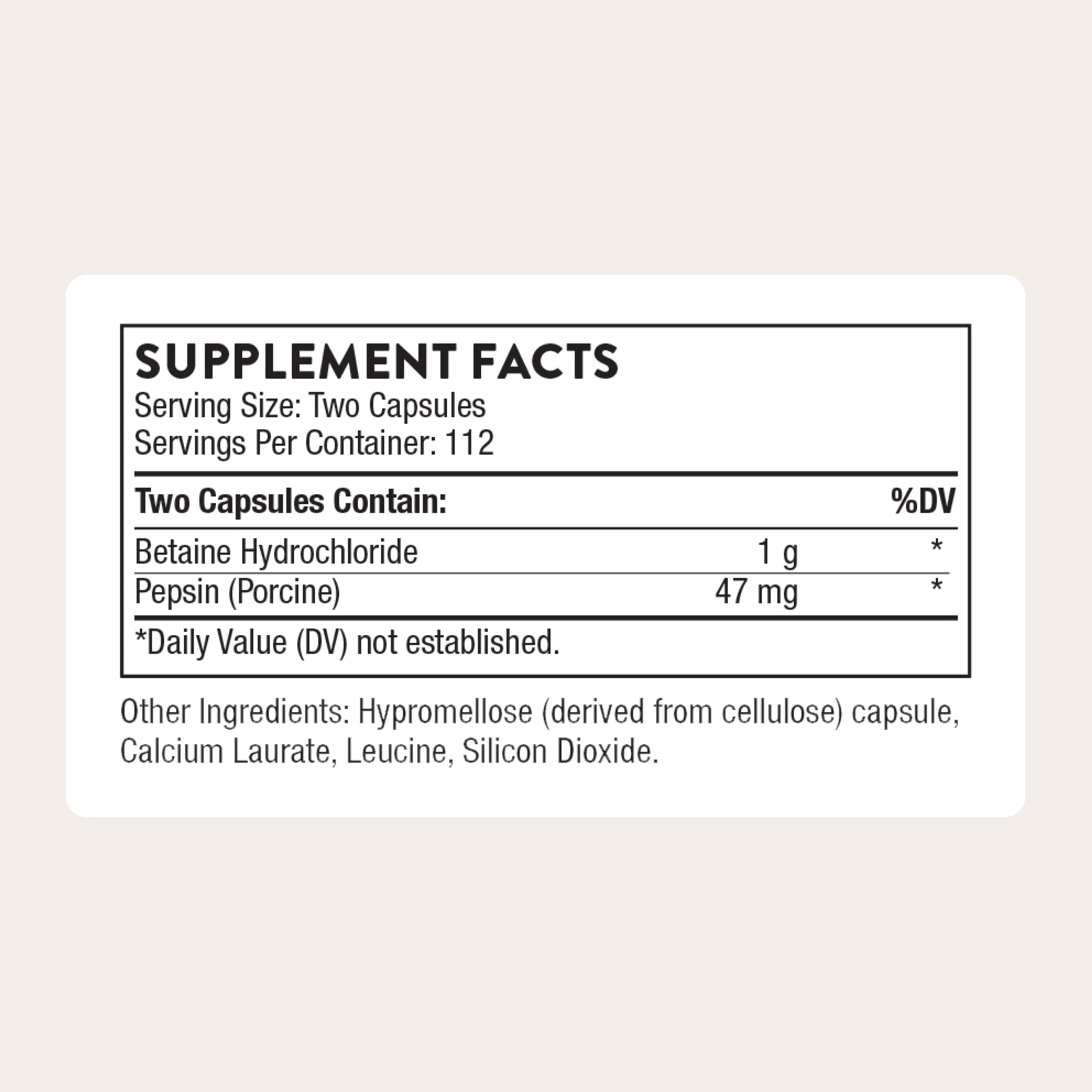 THORNE Betaine HCL Pepsin, capsules, utilisation pratique pour la digestion des protéines.