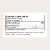 THORNE Betaine HCL Pepsin, capsules, utilisation pratique pour la digestion des protéines.