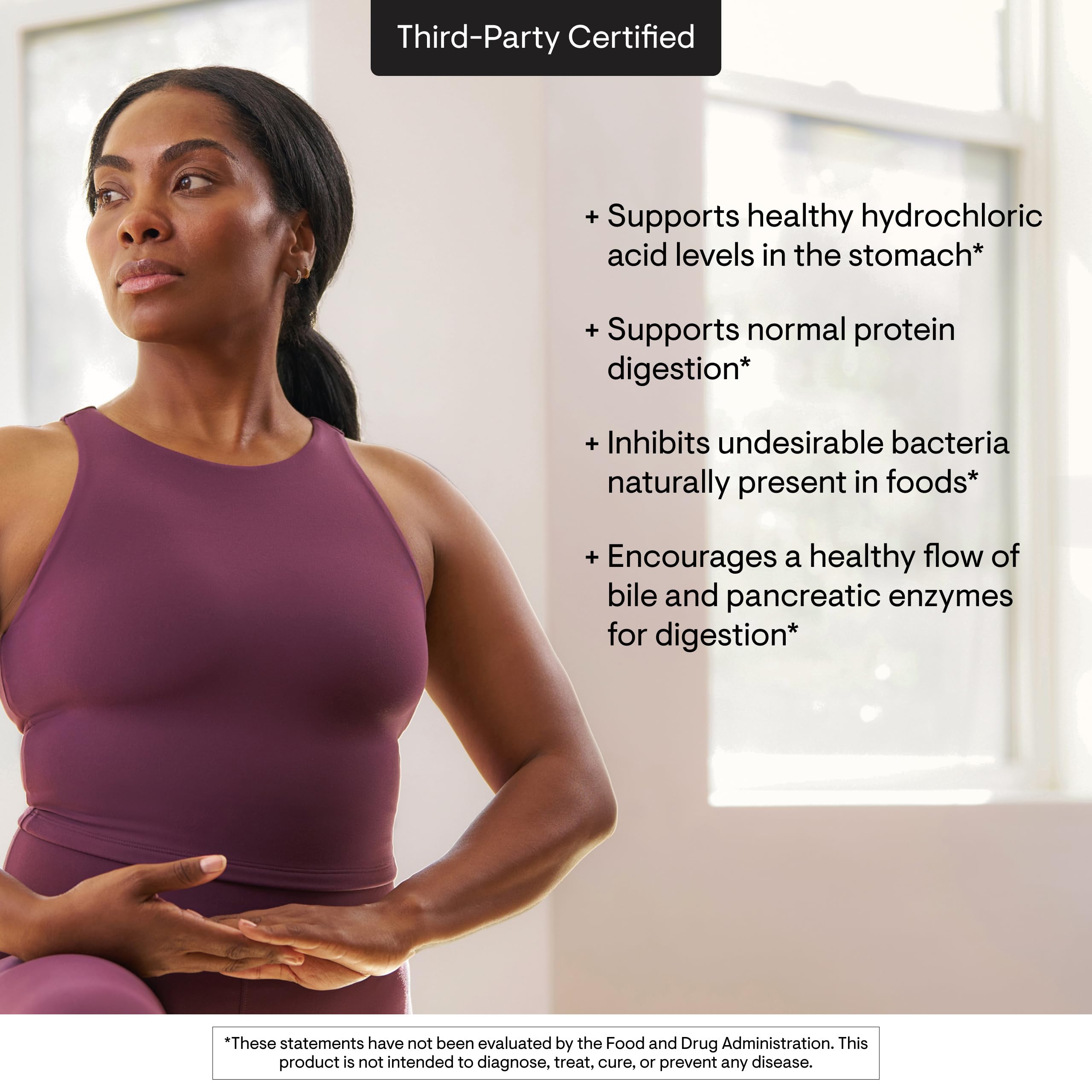 THORNE Betaine HCL Pepsin, certification par tiers garantissant l’intégrité des contenus.