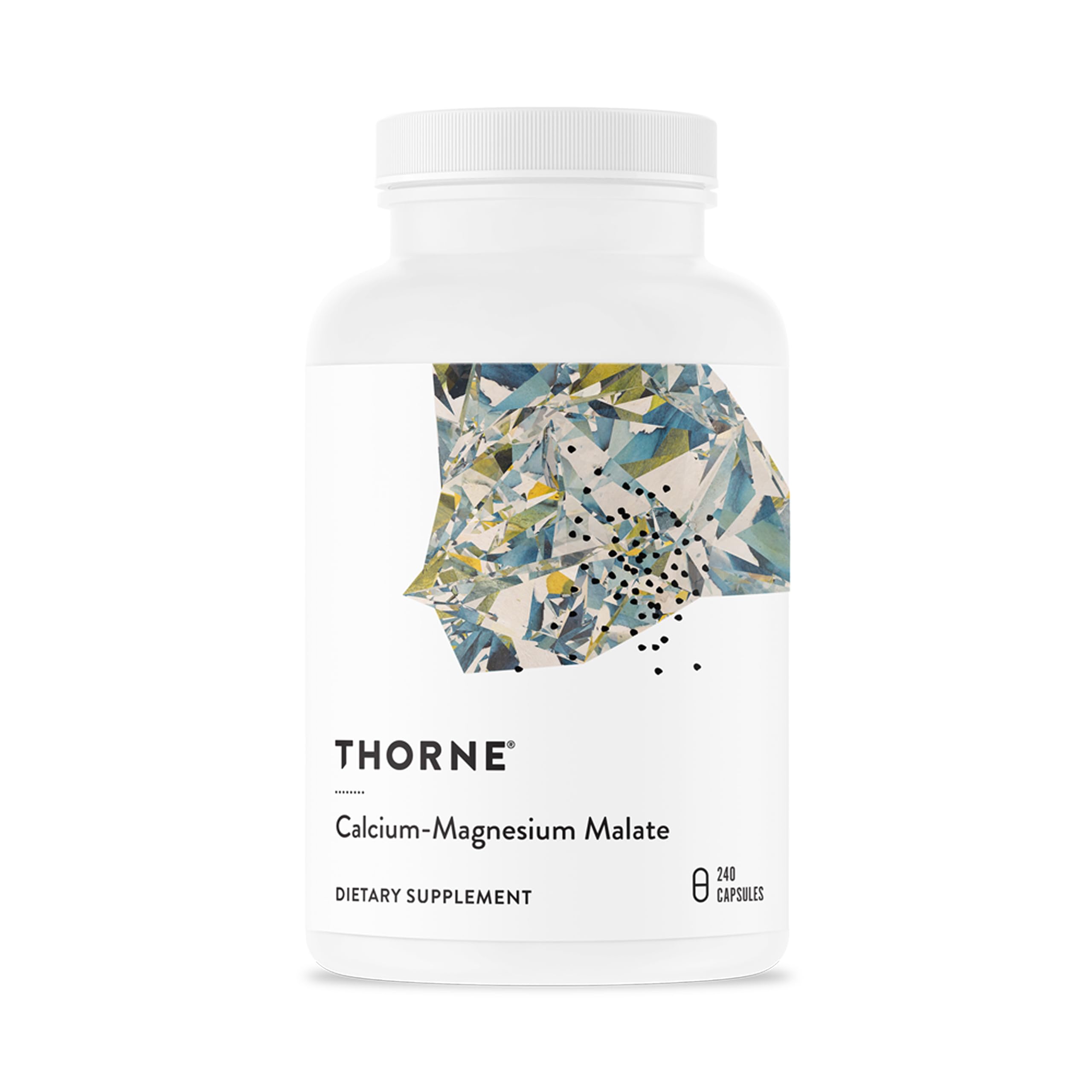 Thorne Calcium-Magnesium Malate : bouteille visible, soutien potentiel à la santé des os.