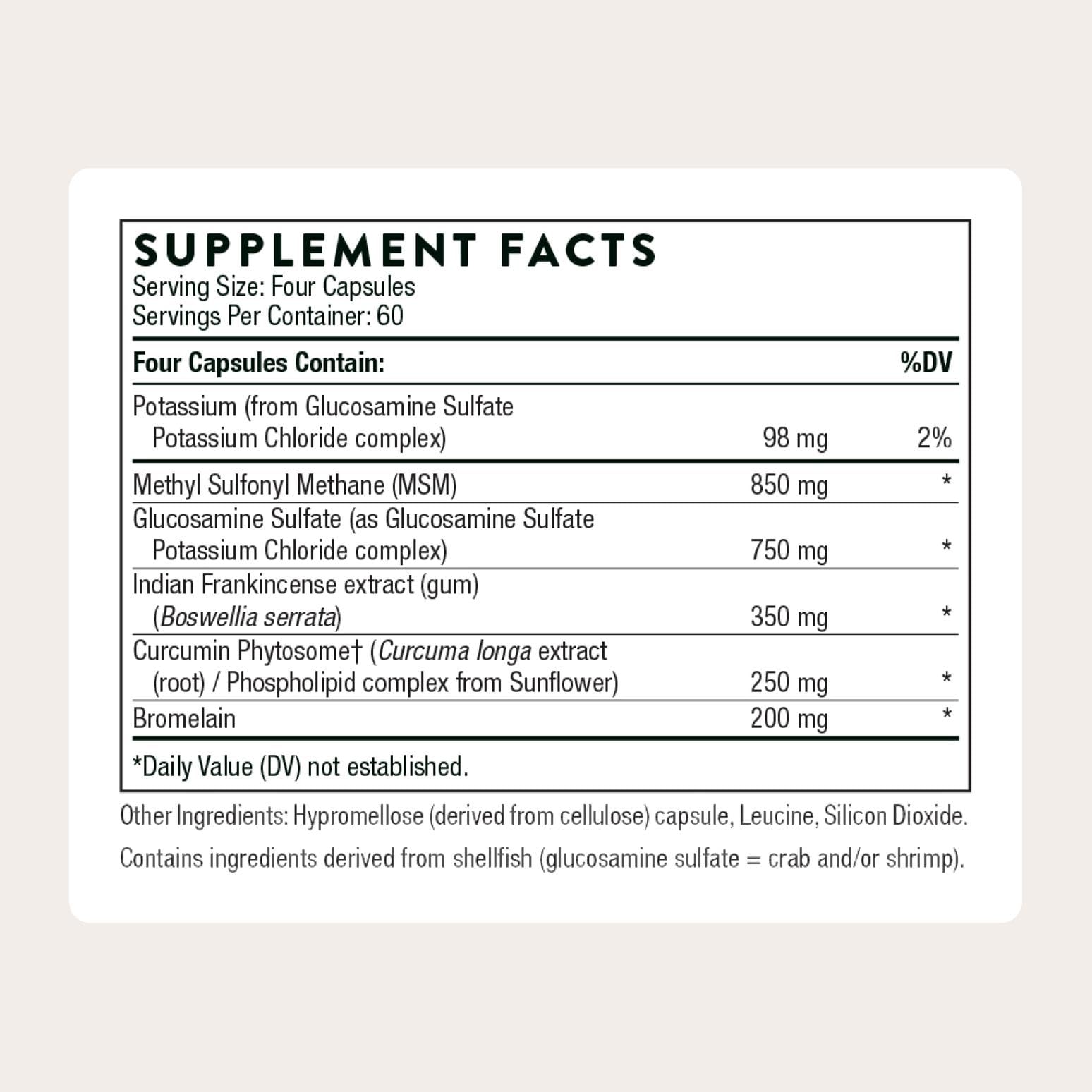 Capsules THORNE glucosamine et MSM visibles pour le soutien quotidien.