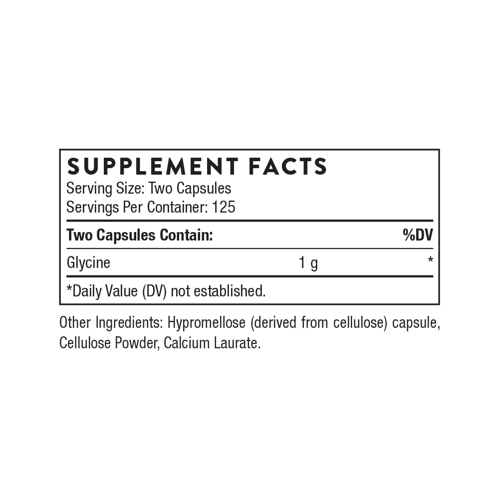 THORNE Glycine: etiquette-produit avec informations claires sur la qualité et les bénéfices.
