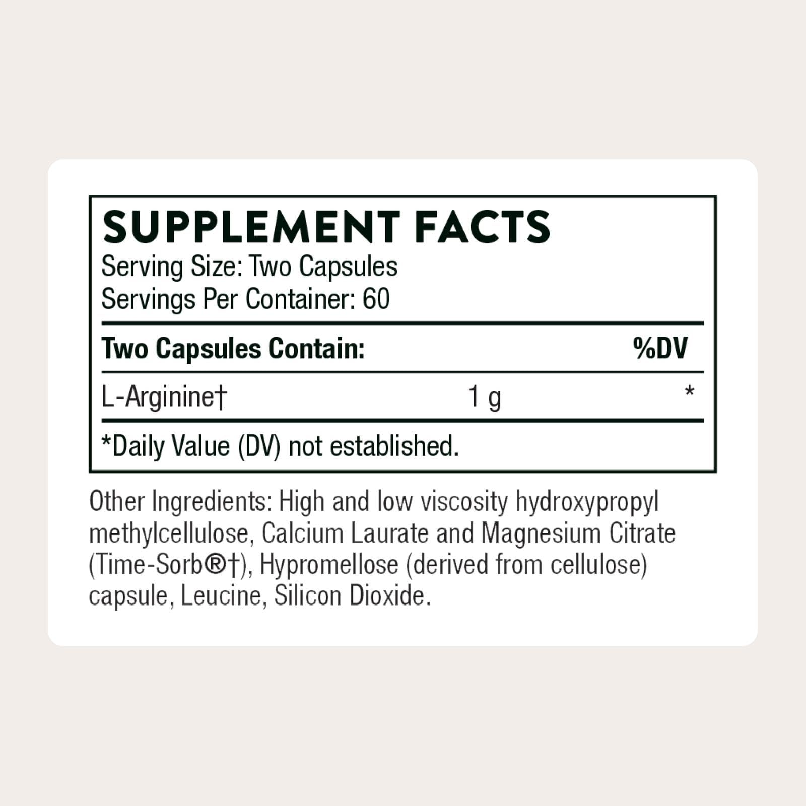 THORNE L-Arginine libération prolongée — étiquette claire pour une utilisation quotidienne.