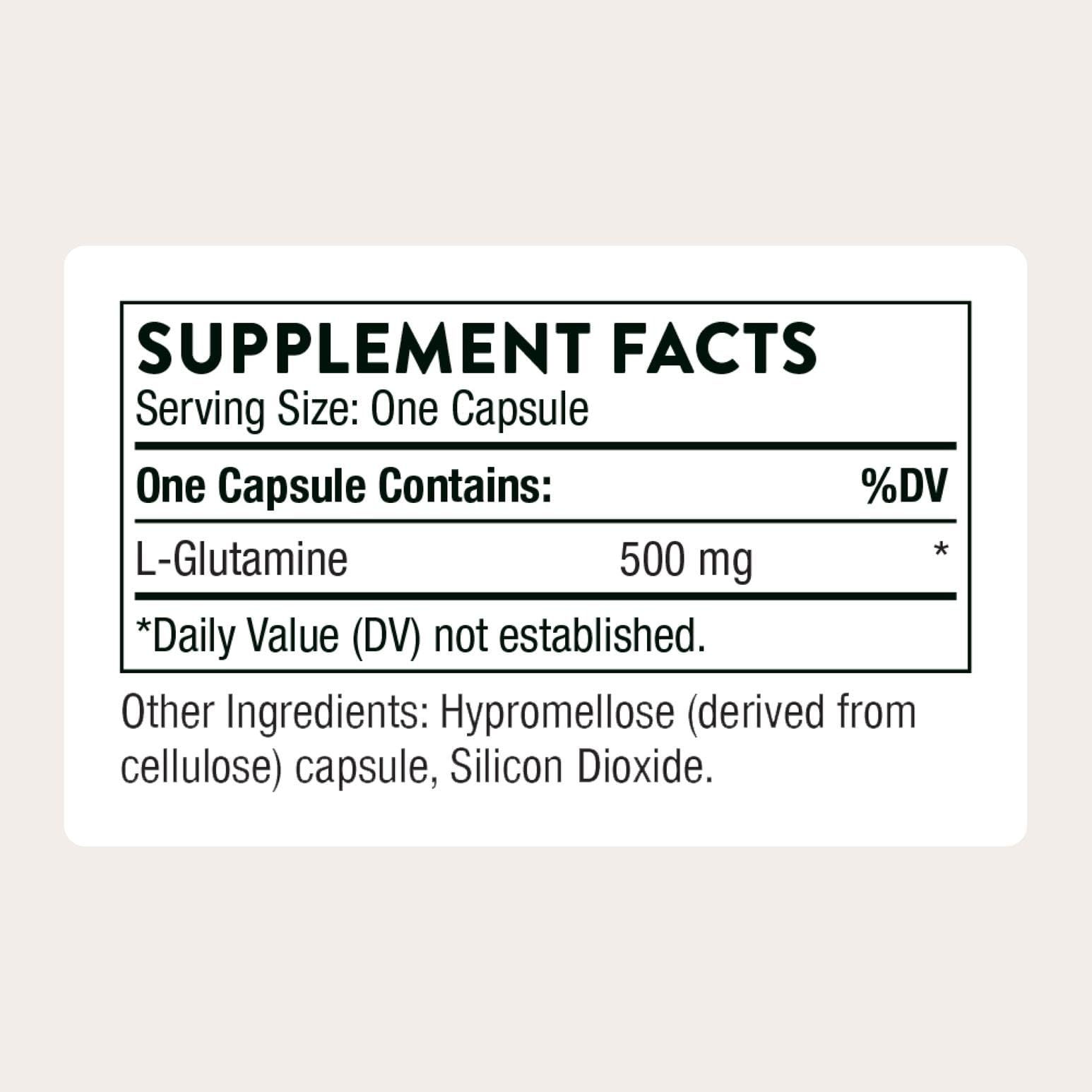 THORNE L-Glutamine, étiquette claire, facilite l’identification des ingrédients et le choix éclairé.