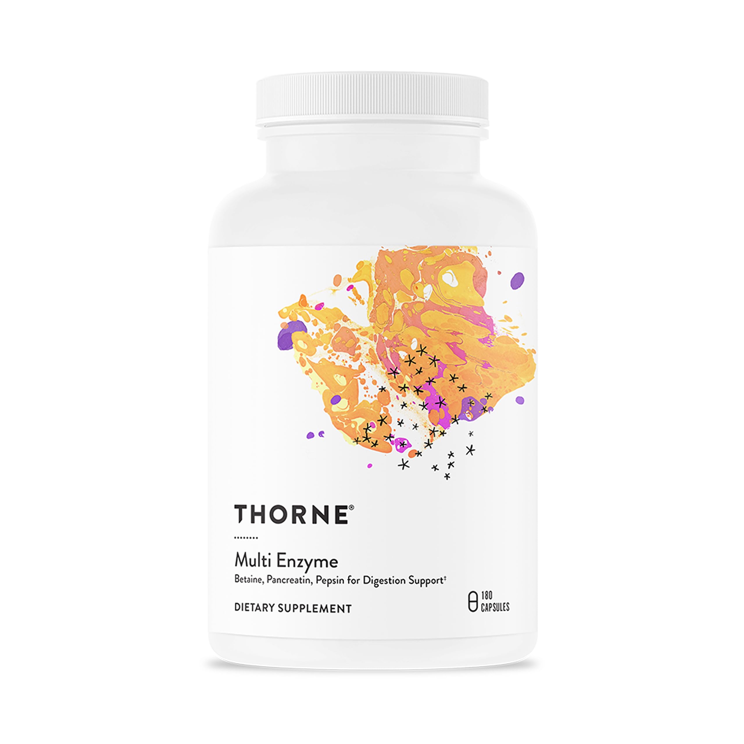THORNE Multi Enzyme – bouteille montrant le produit et le nombre de capsules pour une routine digestive potentielle.