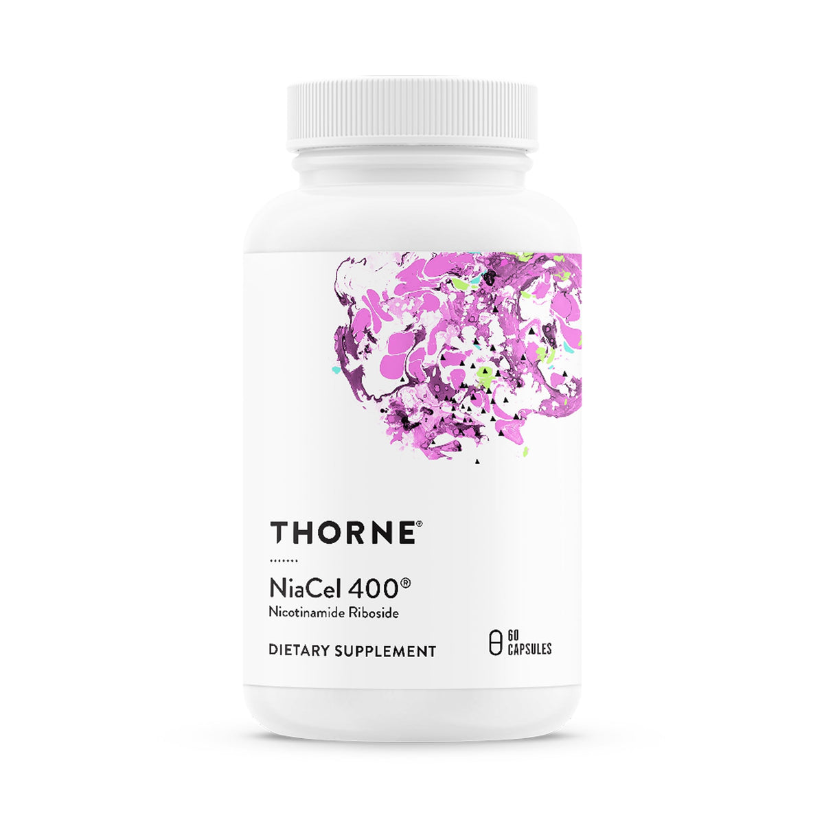Thorne NiaCel 400: boîte et gélules, soutien potentiel à l'énergie quotidienne.