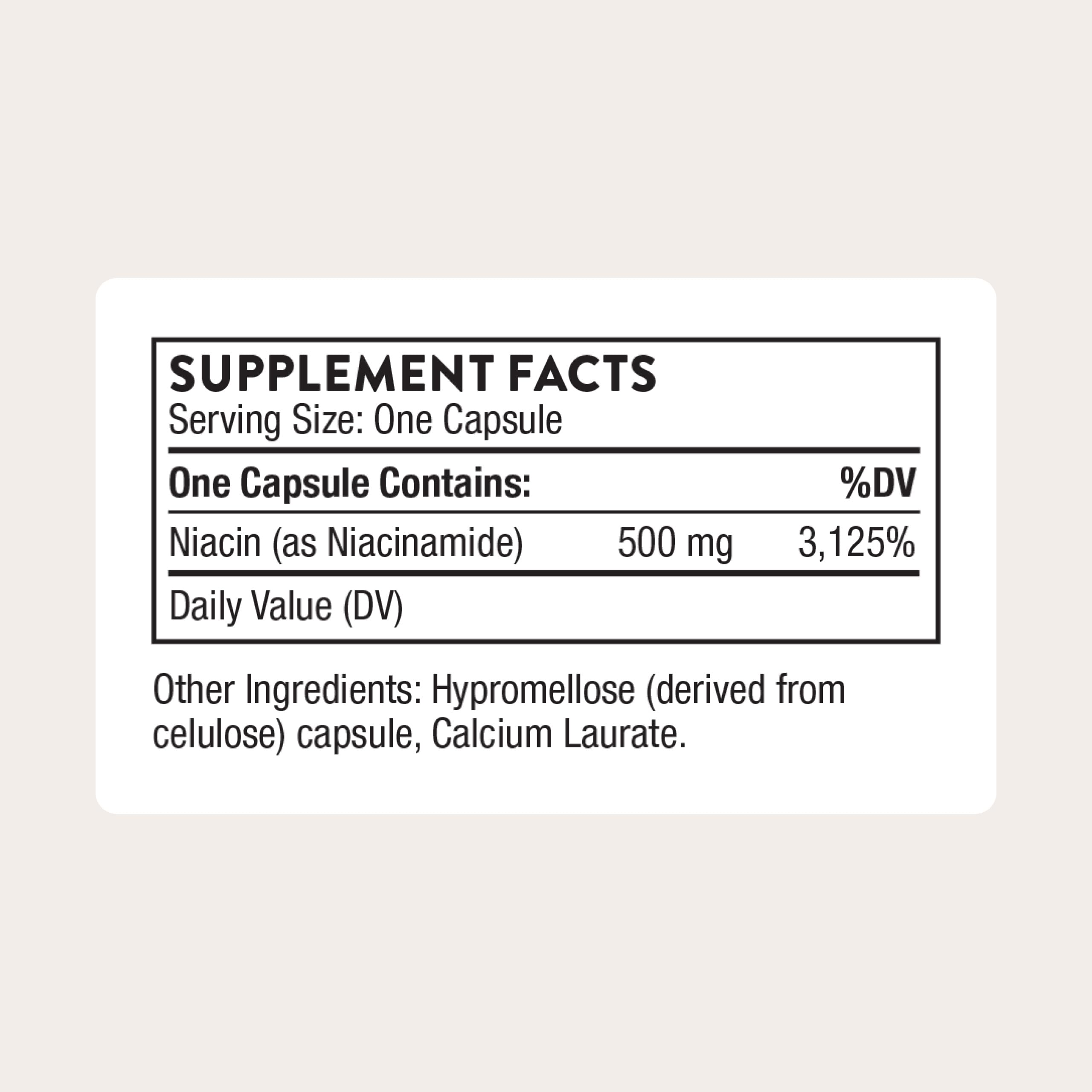 THORNE Niacinamide 500 mg — capsules sans gluten pour routine quotidienne.
