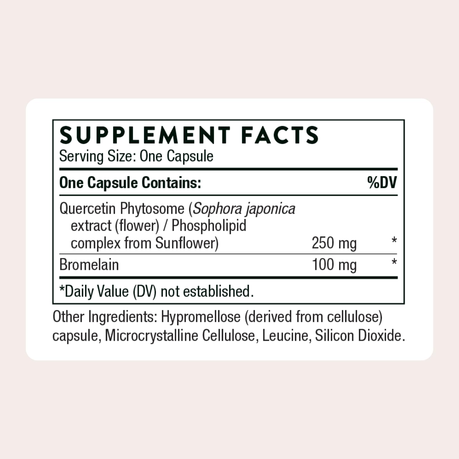 Étiquette THORNE Quercetin Complexe et détails des ingrédients.