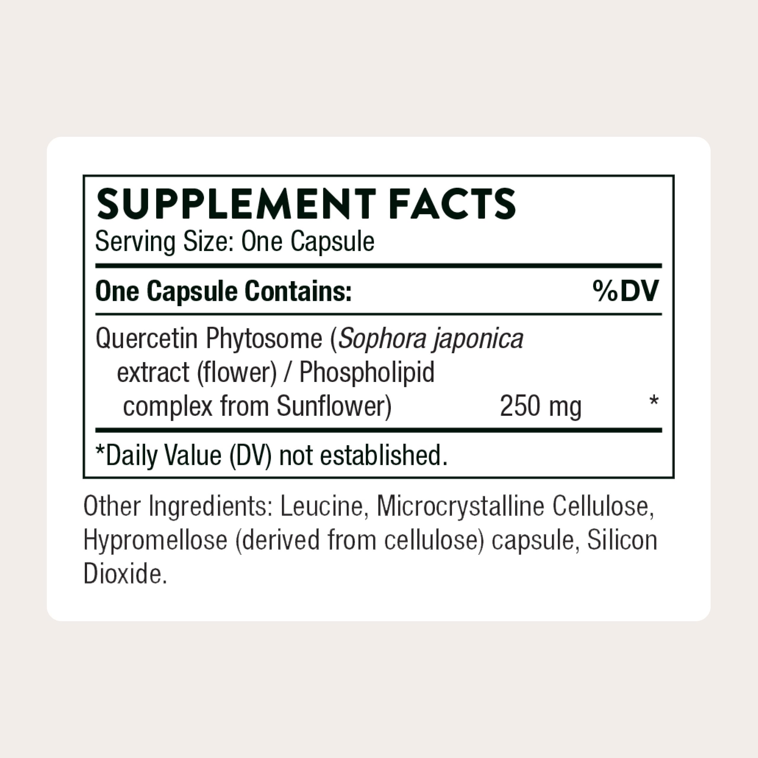 Étiquette du Thorne Quercetin Phytosome, informations claires pour un choix éclairé.