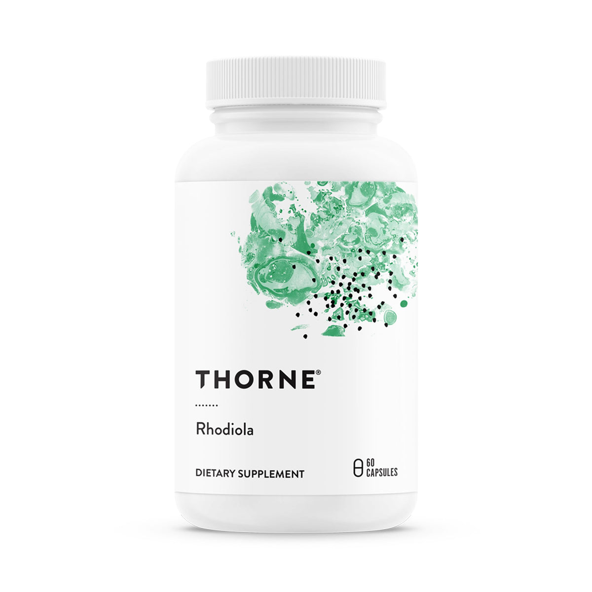 Gélules THORNE Rhodiola dans une bouteille, soutien à la gestion du stress et à la concentration.