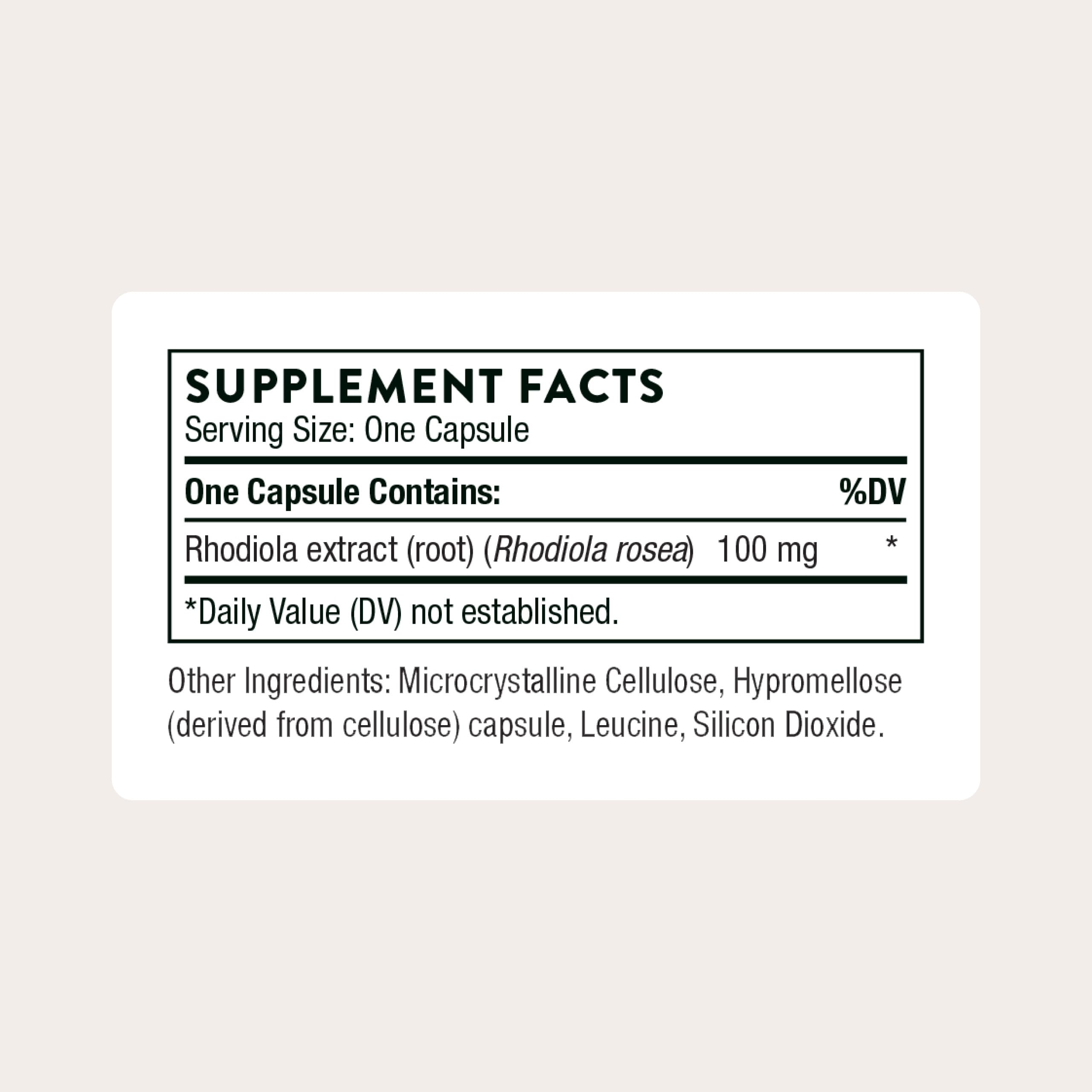 Étiquette THORNE Rhodiola montrant traçabilité et certification.