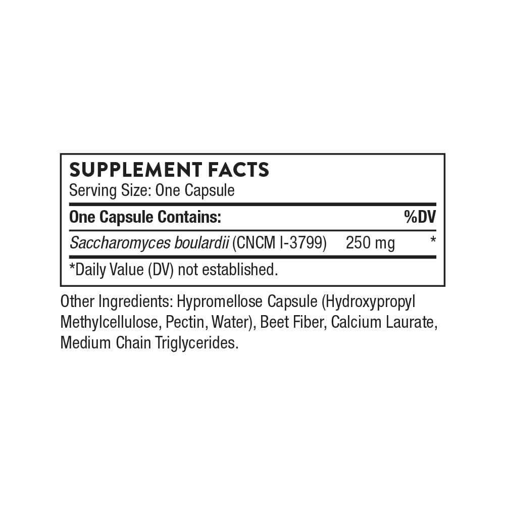 Thorne Sacro-B Probiotic — étiquette sans gluten et sécurité vérifiée.