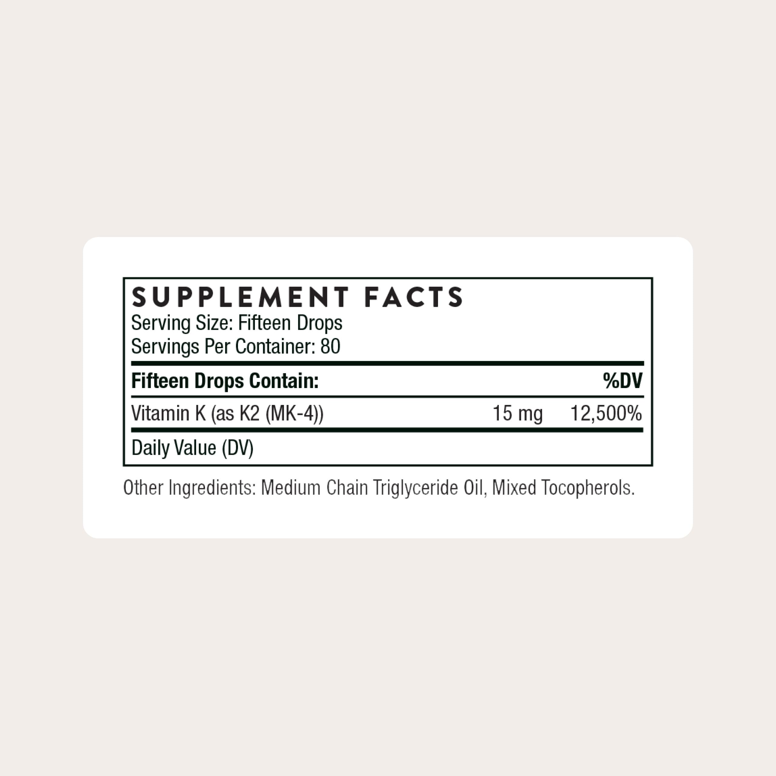 THORNE Vitamine K2 Liquid: goutte-dose 1 mg, facilité d'utilisation.