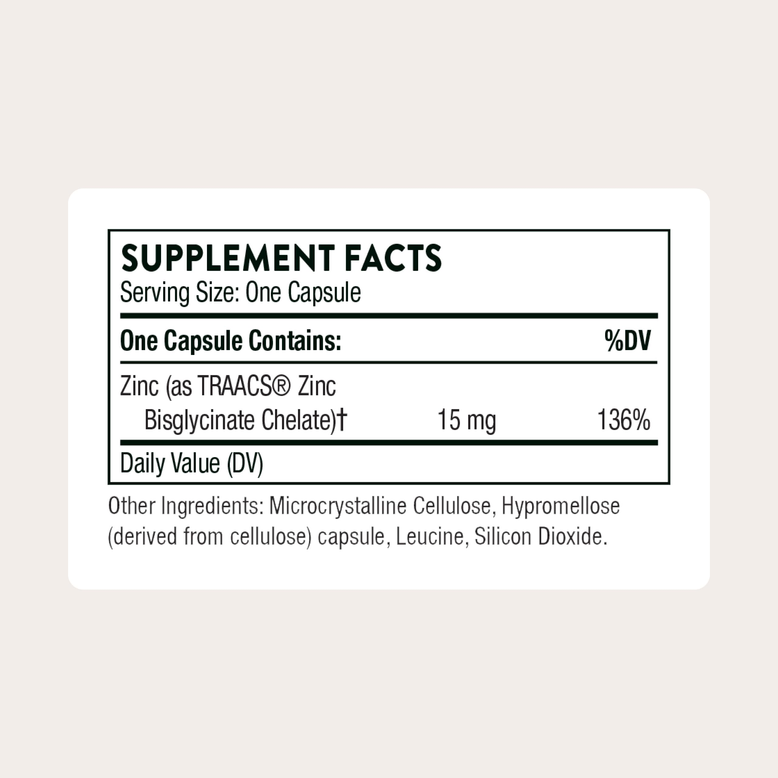 THORNE Zinc Bisglycinate 15mg — boite et flacon, pratique pour la routine quotidienne