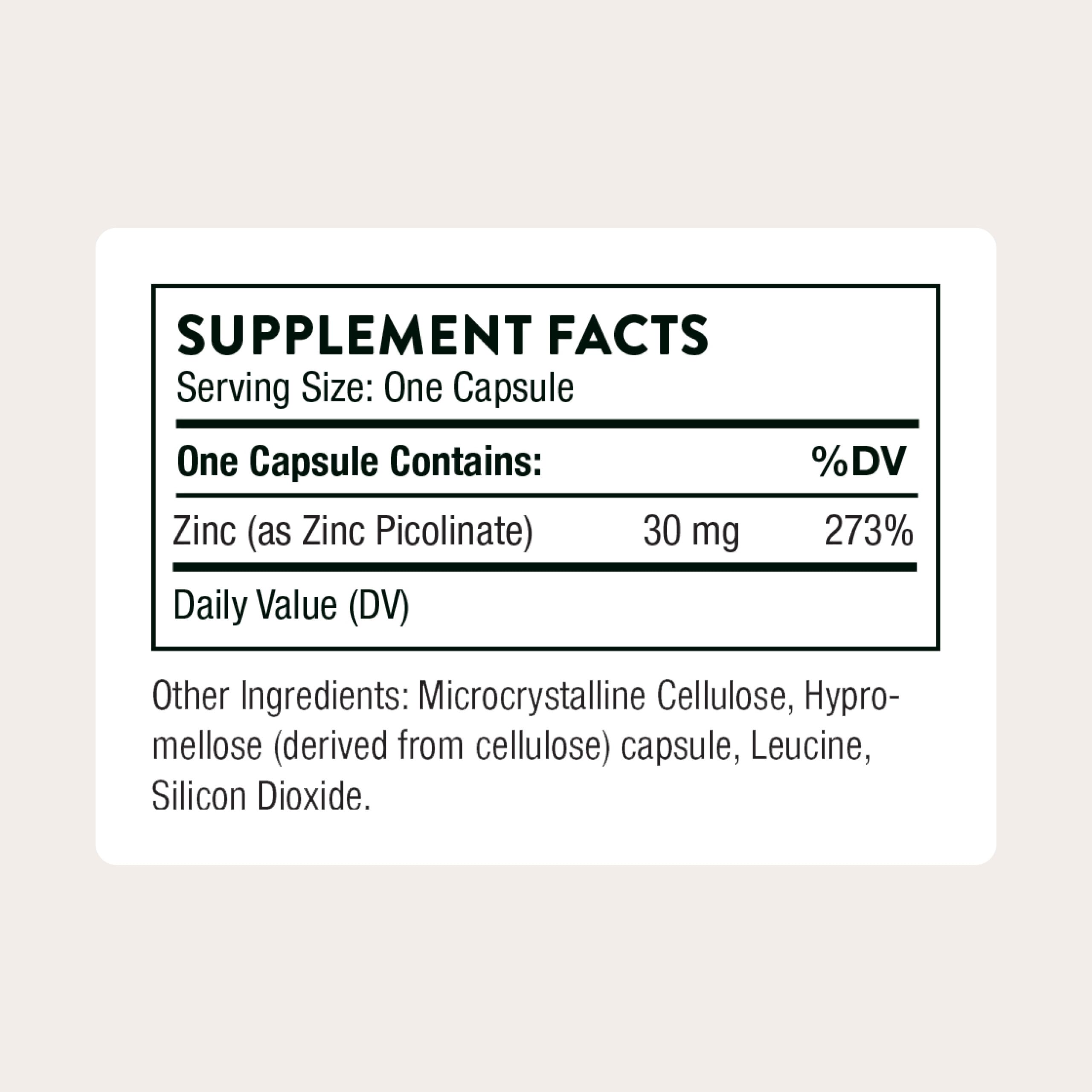 Capsules THORNE Zinc Picolinate 30 mg, faciles à avaler dans une routine bien-être.