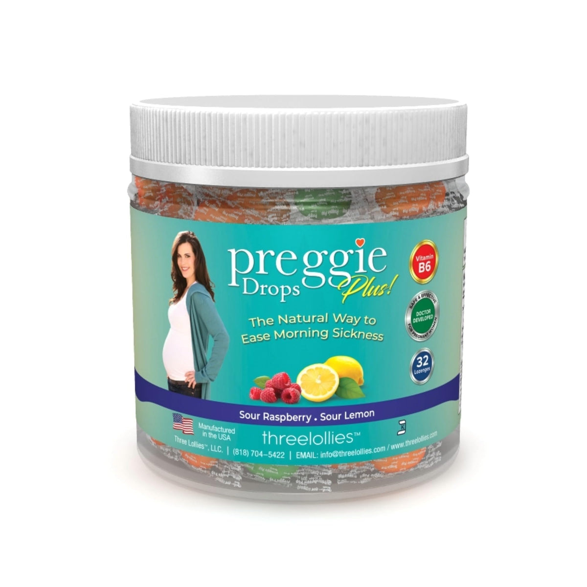 Three Lollies Preggie Pop Drops Plus en bouteille, pratique en déplacement pour les nausées.