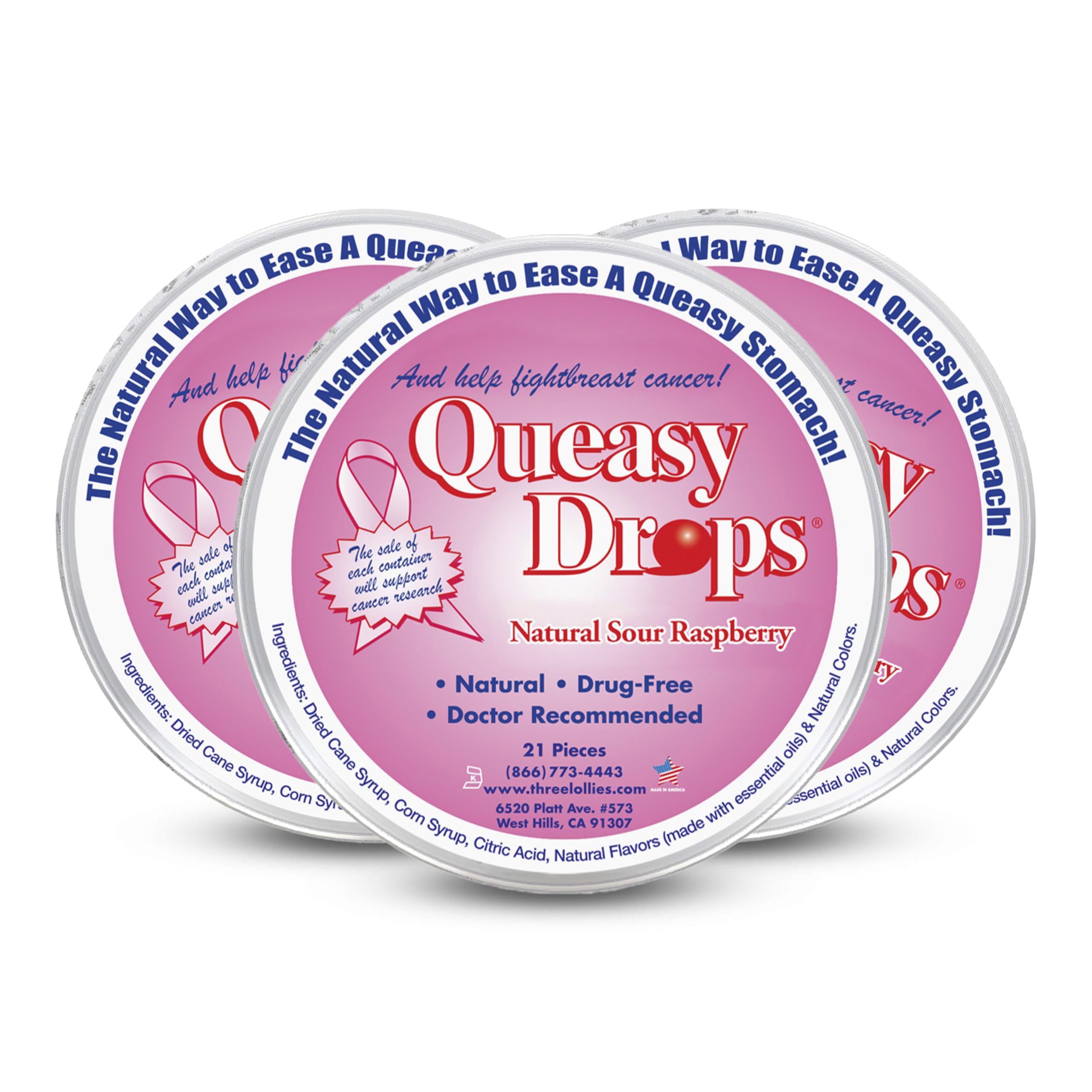 Three Lollies Queasy Drops: boîte framboise 21 comprimés soulage le mal des transports