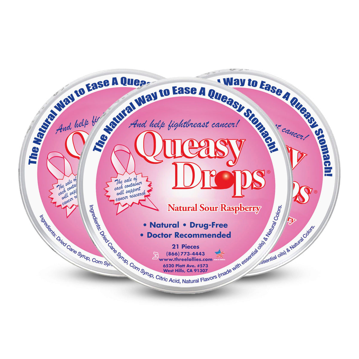 Three Lollies Queasy Drops: boîte framboise 21 comprimés soulage le mal des transports