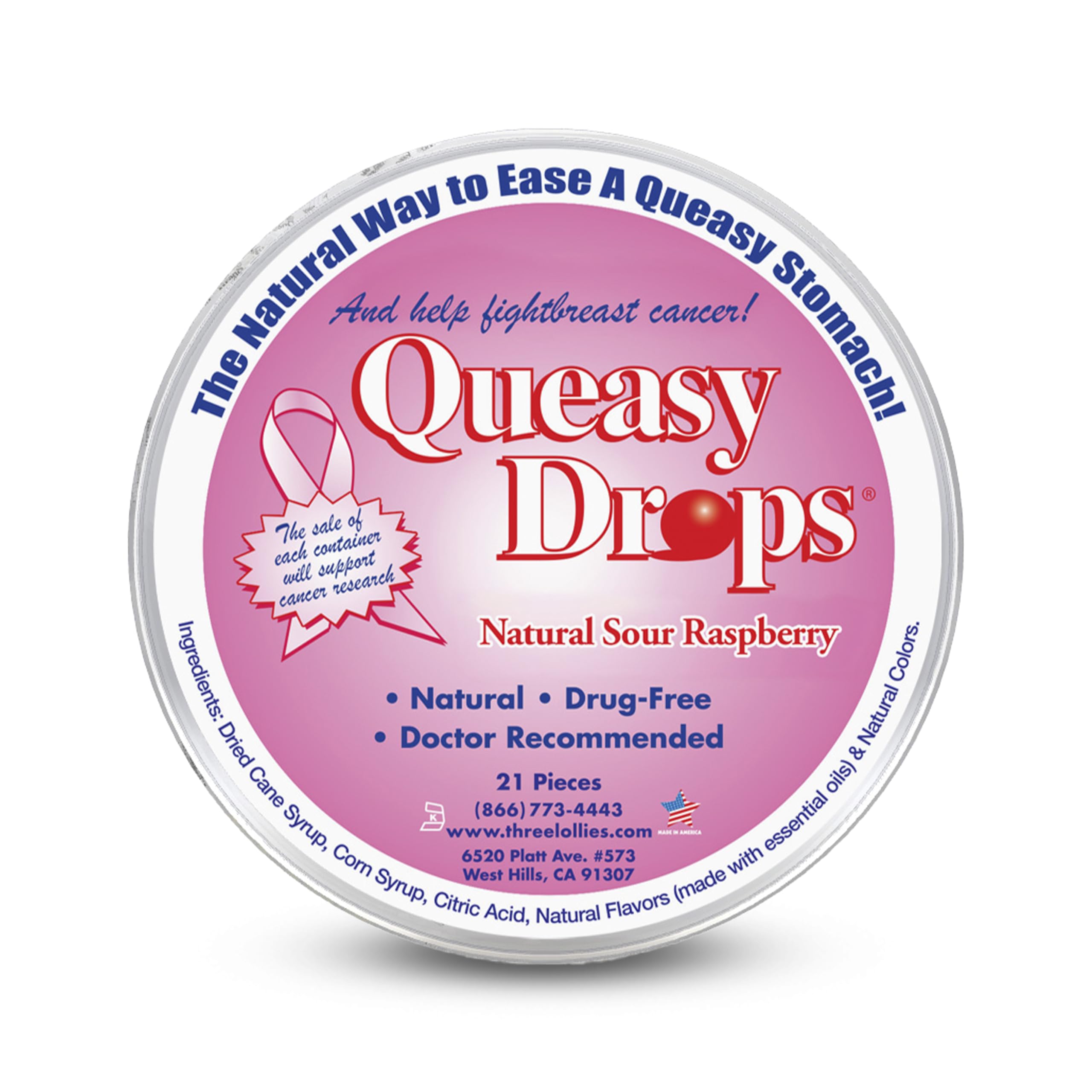 Three Lollies Queasy Drops, boîte rose, 21 pastilles, atténue les nausées en voyage