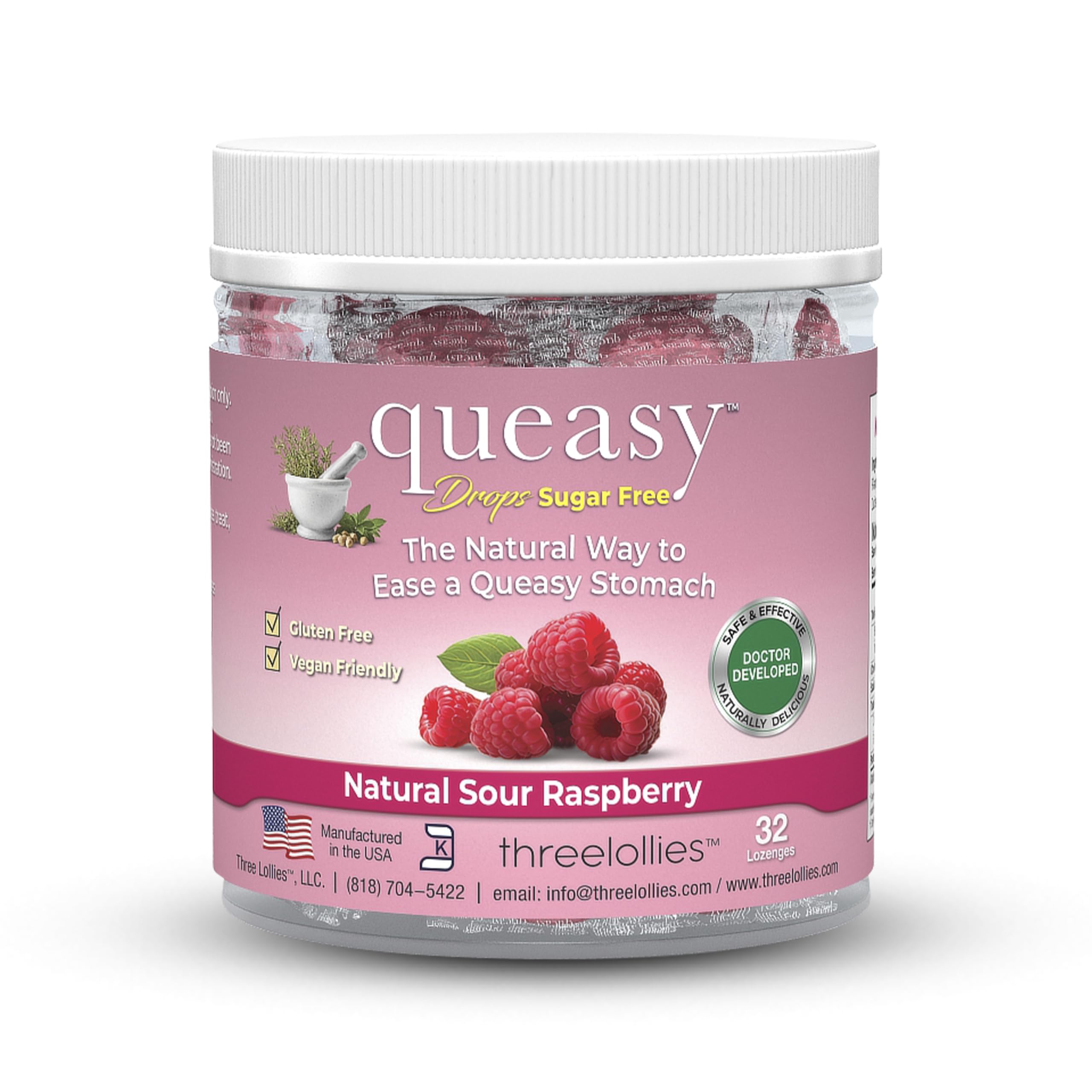 Three Lollies Queasy Drops – boîte sans sucre prête à emporter pour déplacement.