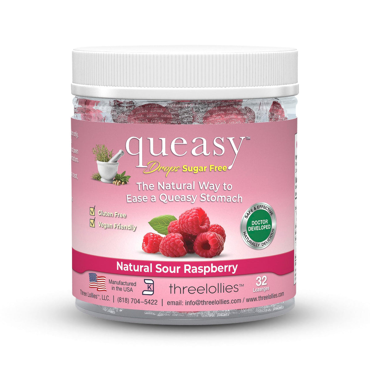 Three Lollies Queasy Drops – boîte sans sucre prête à emporter pour déplacement.