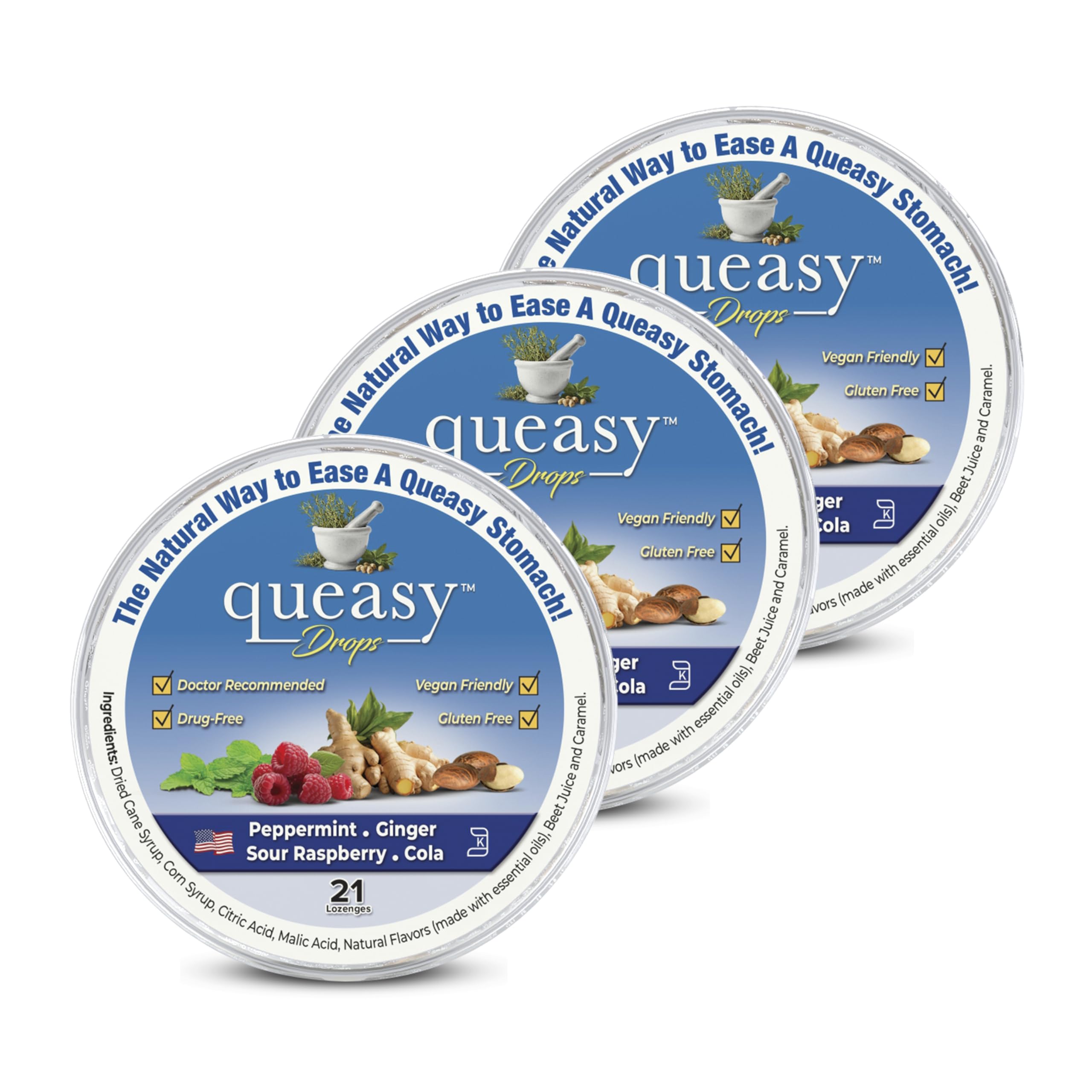 Three Lollies Queasy Drops — boîte pratique pour soulager les nausées en voyage