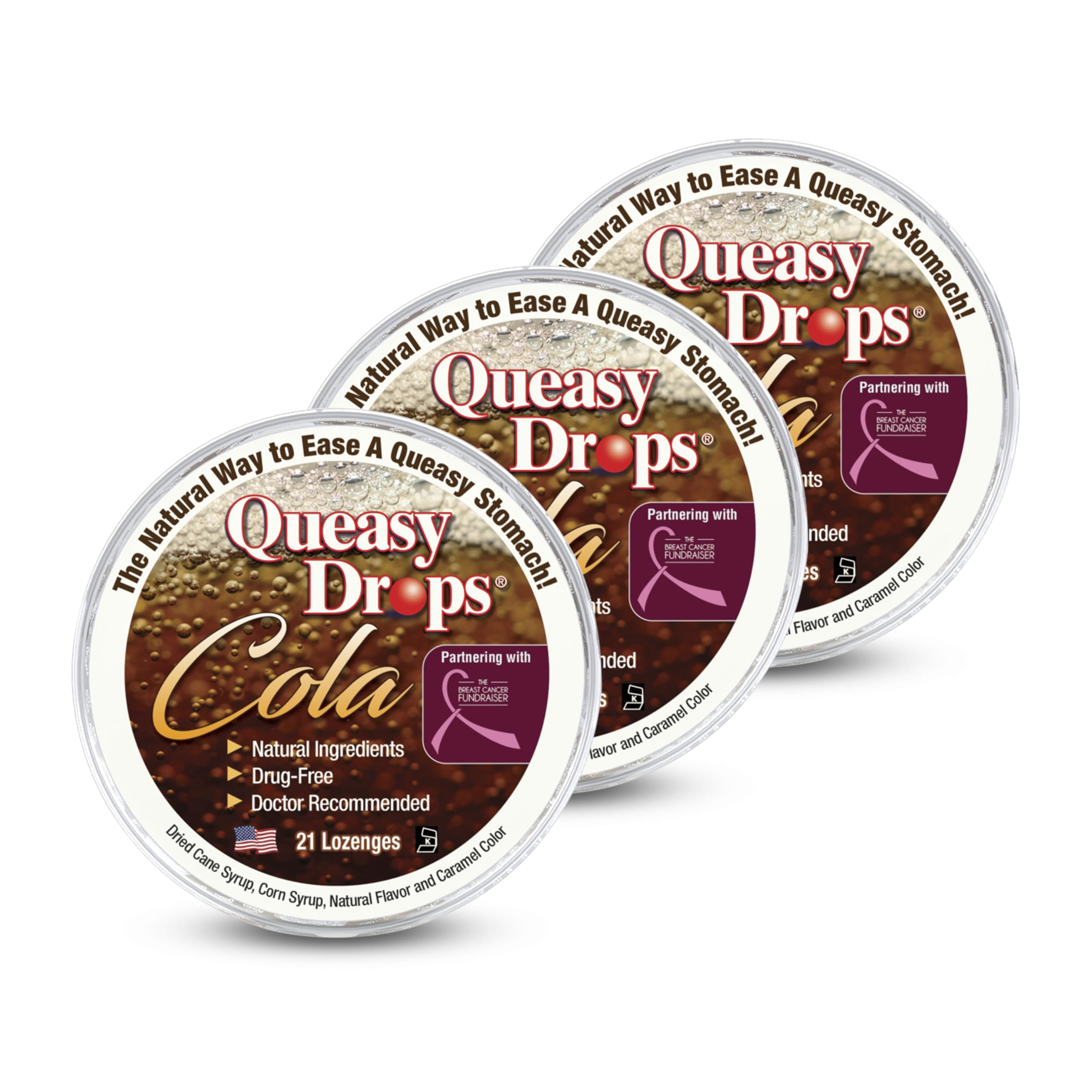 Three Lollies Queasy Drops Bouteille Cola, apaise les nausées lors des déplacements.