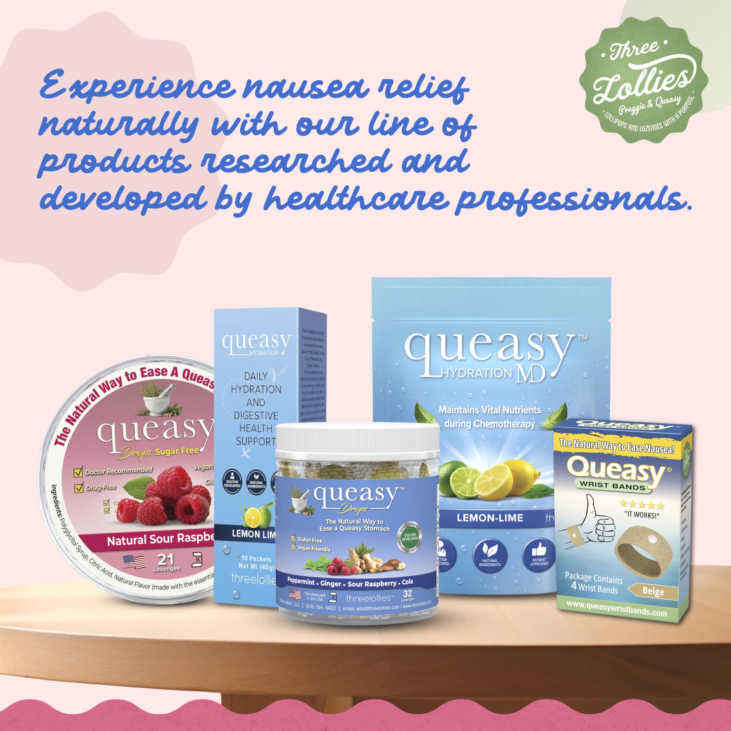 Three Lollies Queasy Drops — étui 21 pastilles, pratique en déplacement.