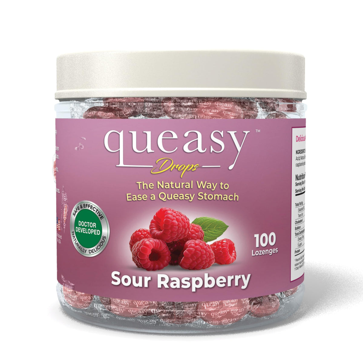 Three Lollies Queasy Drops framboise, boîte pratique pour les nausées en déplacement.