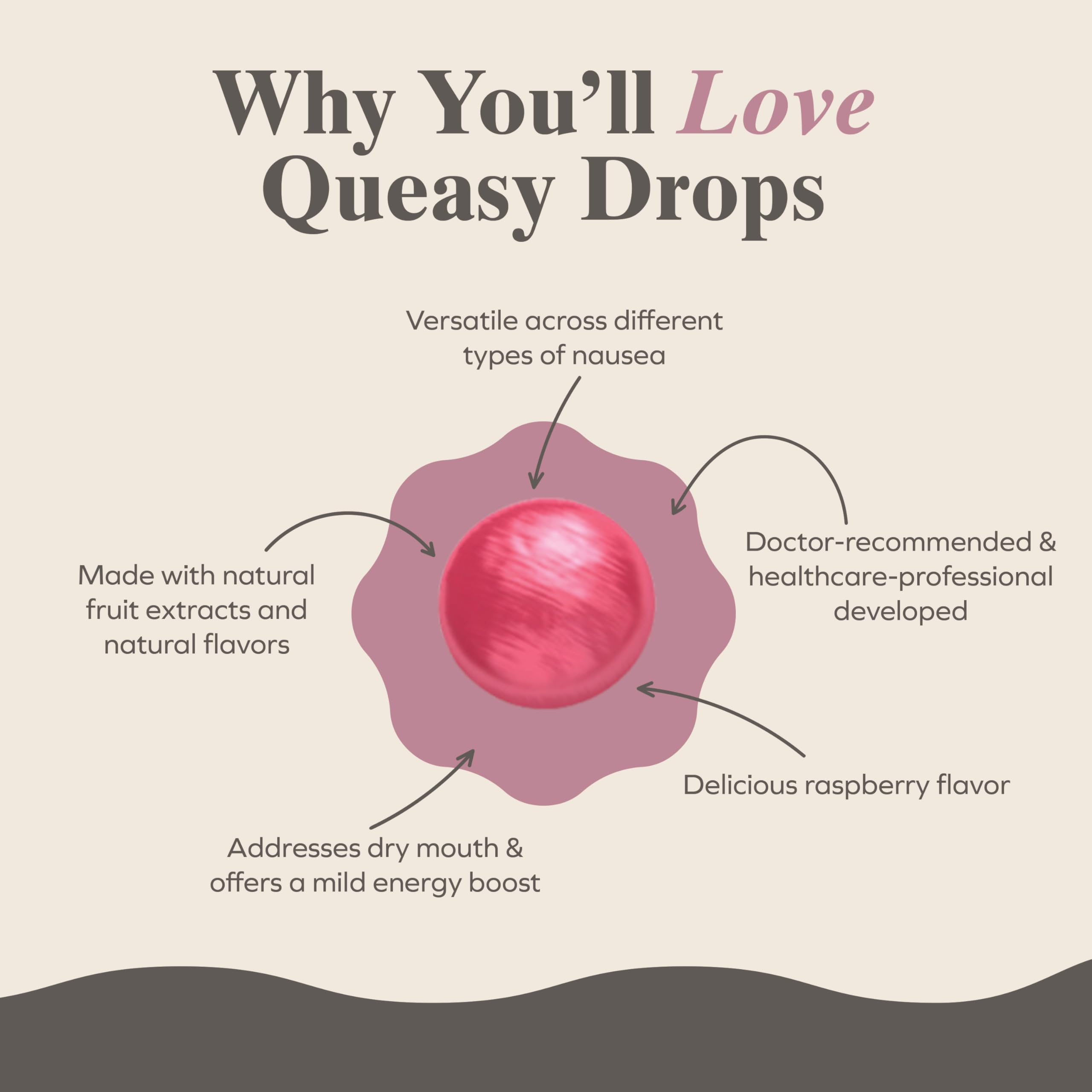 Three Lollies Queasy Drops framboise, dissolution lente et naturelle en bouche.