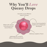 Three Lollies Queasy Drops framboise, dissolution lente et naturelle en bouche.