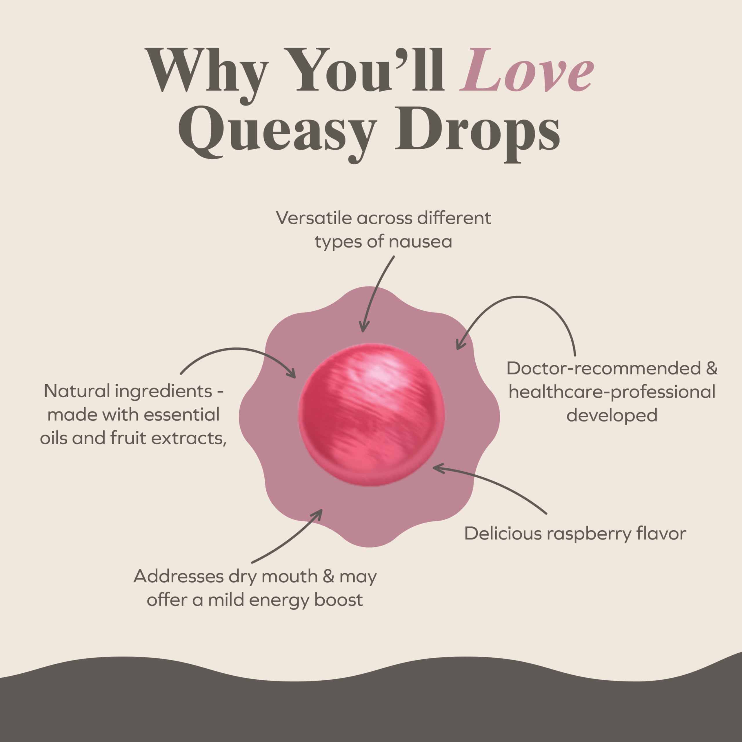 Three Lollies Queasy Drops framboise rose — ingrédients naturels pour votre bien-être.