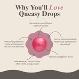 Three Lollies Queasy Drops framboise rose — ingrédients naturels pour votre bien-être.