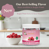 Three Lollies Queasy Drops – pastilles framboise naturelle, saveur rafraîchissante.