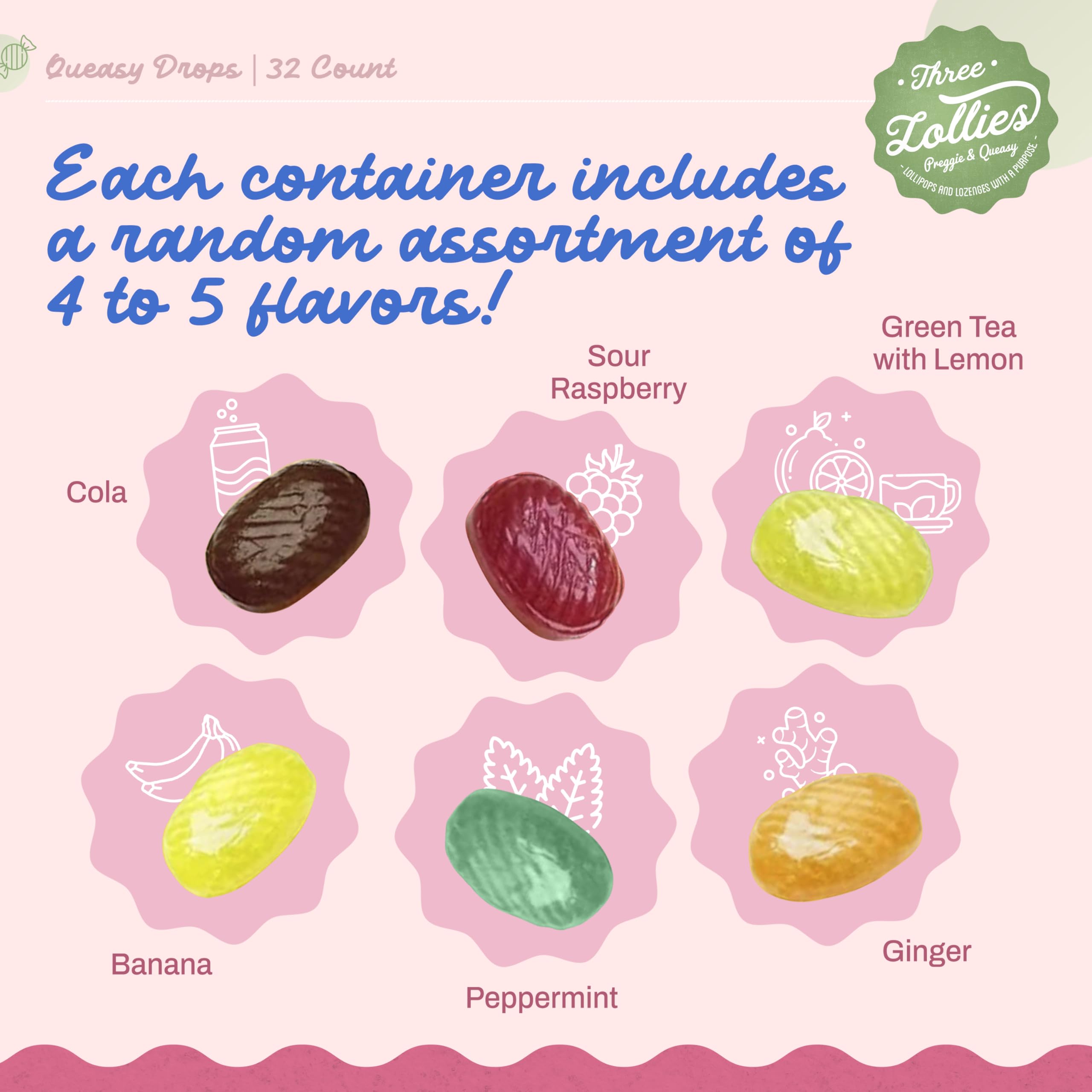 Three Lollies Queasy Drops — saveur cola, alternative sans médicament.