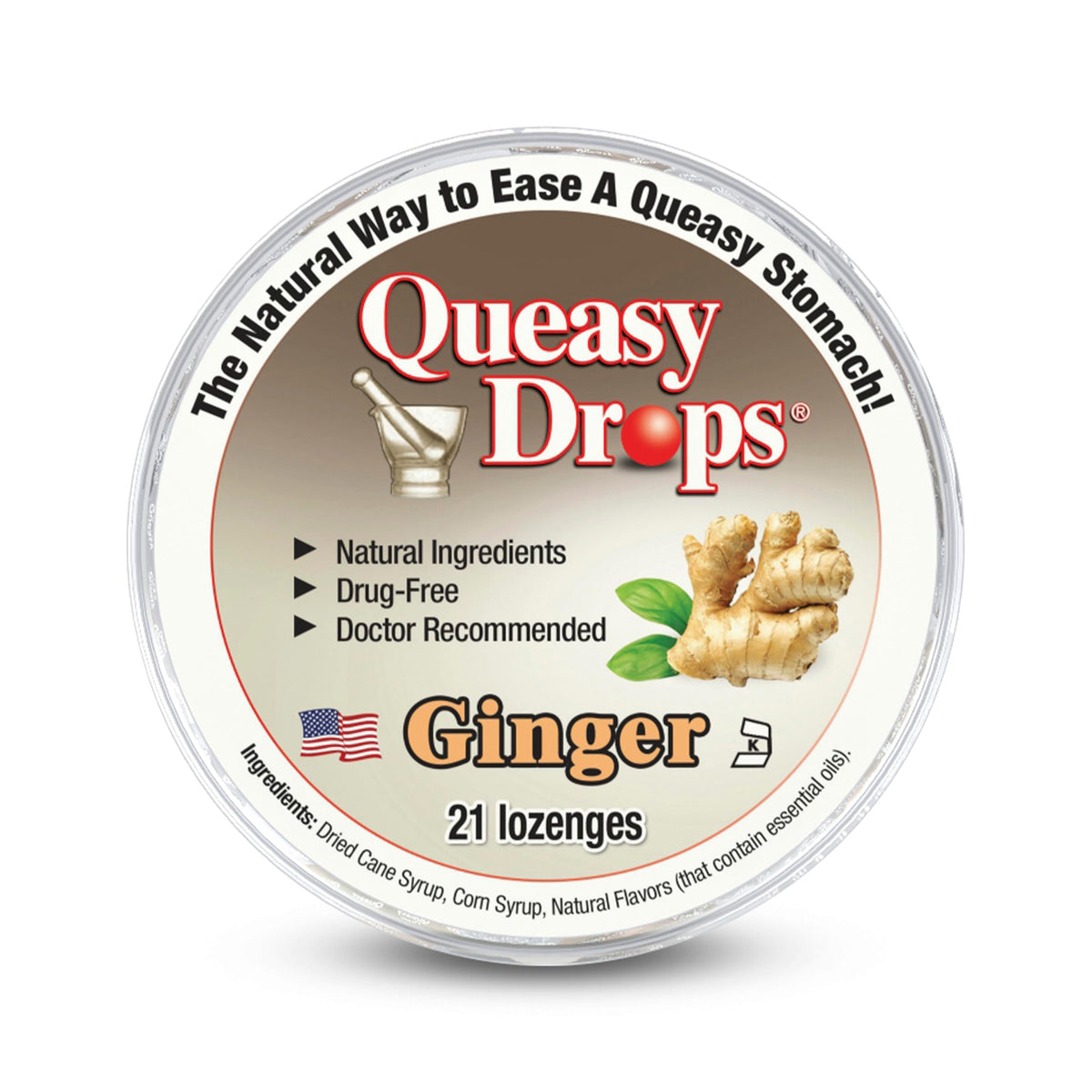 Three Lollies Queasy Pops gingembre – boîte affichée, pastilles naturelles rafraîchissantes pour bouche.