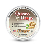 Three Lollies Queasy Pops gingembre – boîte affichée, pastilles naturelles rafraîchissantes pour bouche.