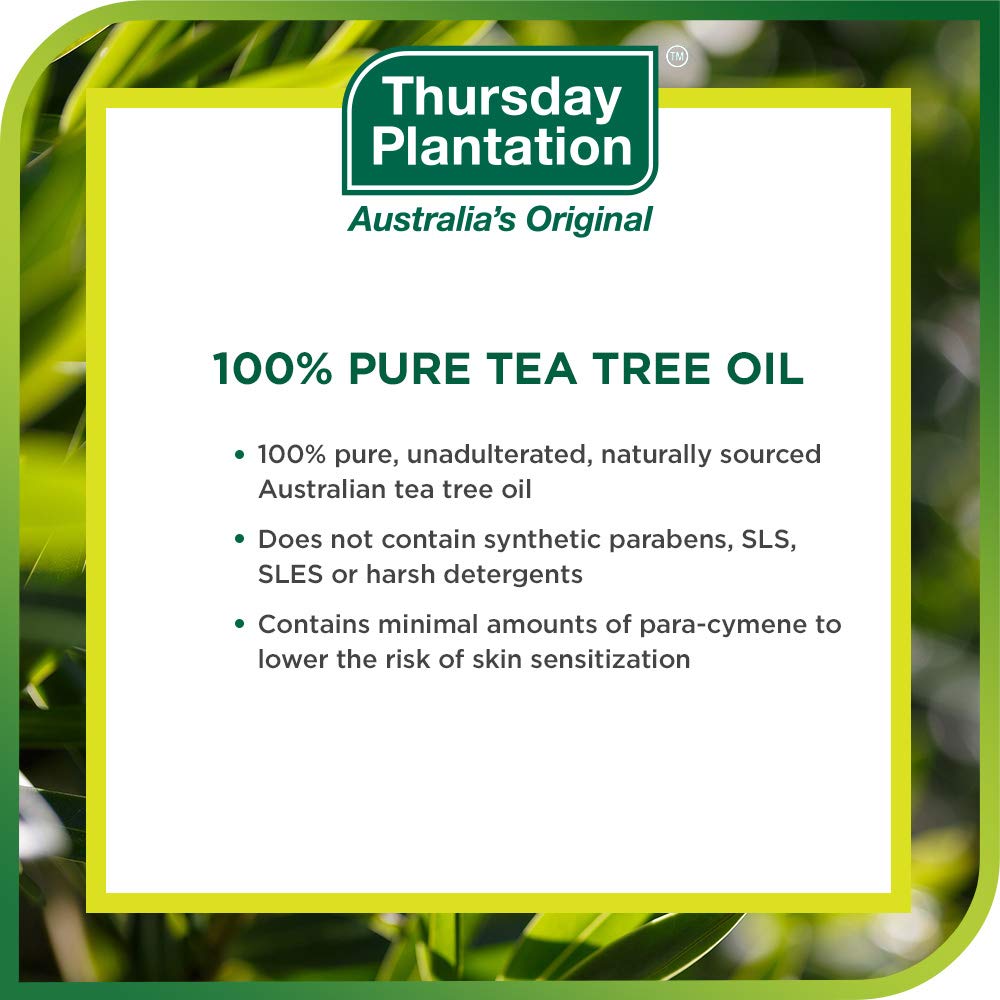 Formule naturelle, huile d'arbre à thé Thursday Plantation, sans parabènes ni détergents agressifs.