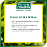 Formule naturelle, huile d'arbre à thé Thursday Plantation, sans parabènes ni détergents agressifs.