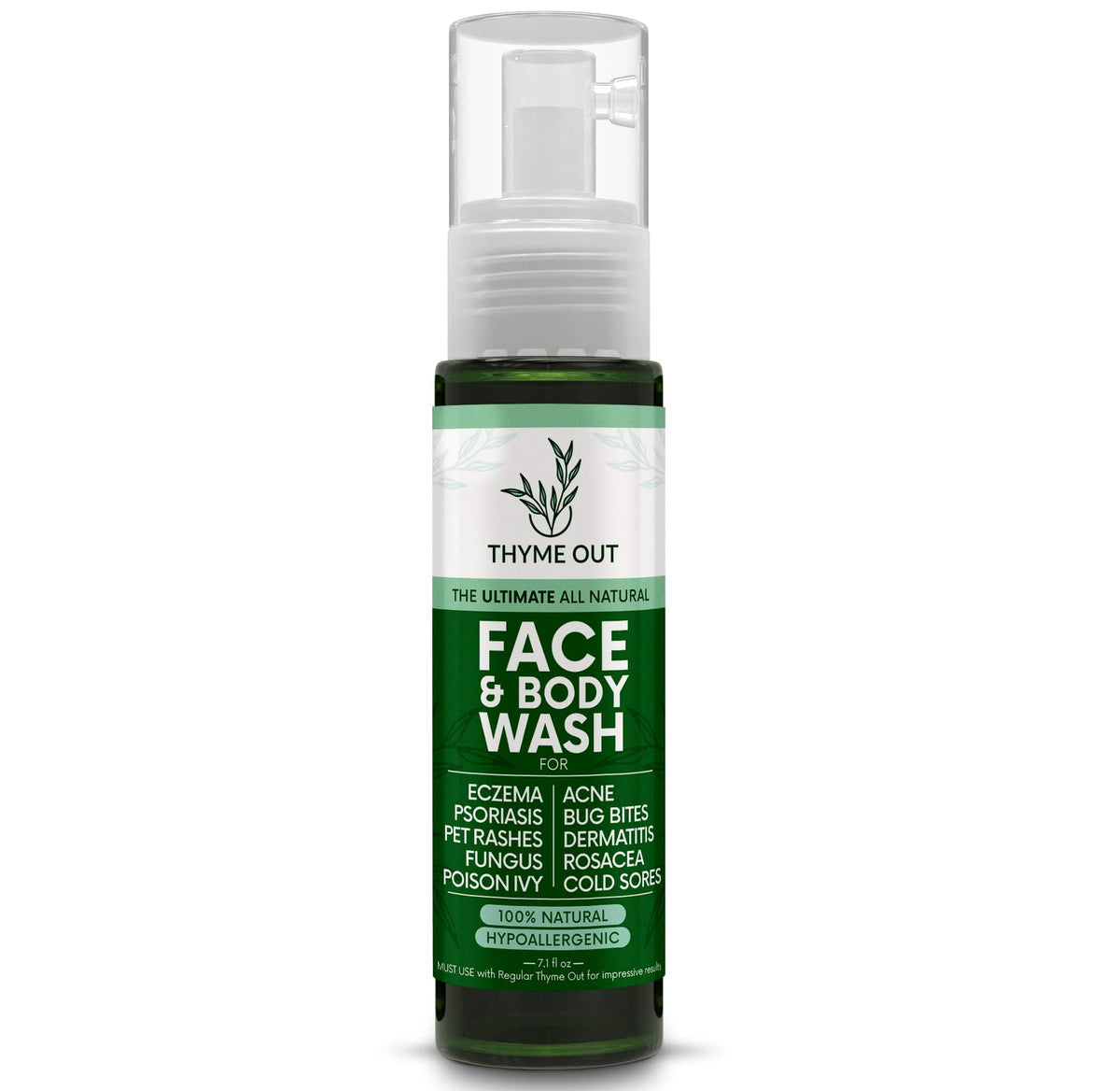 Thyme Out lave-visage en bouteille, formulation naturelle apaisante pour irritations.
