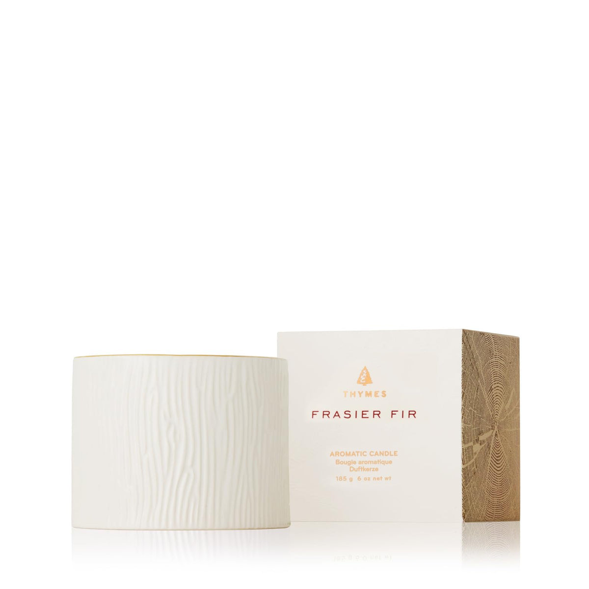 Bougie Thymes Frasier Fir en céramique grain de bois avec bordure dorée 24k ambiance hivernale