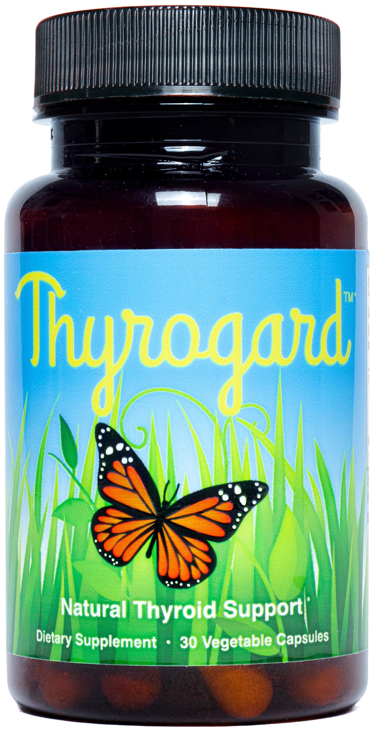Thyrogard : bouteille avec étiquette claire indiquant un soutien thyroïdien naturel.