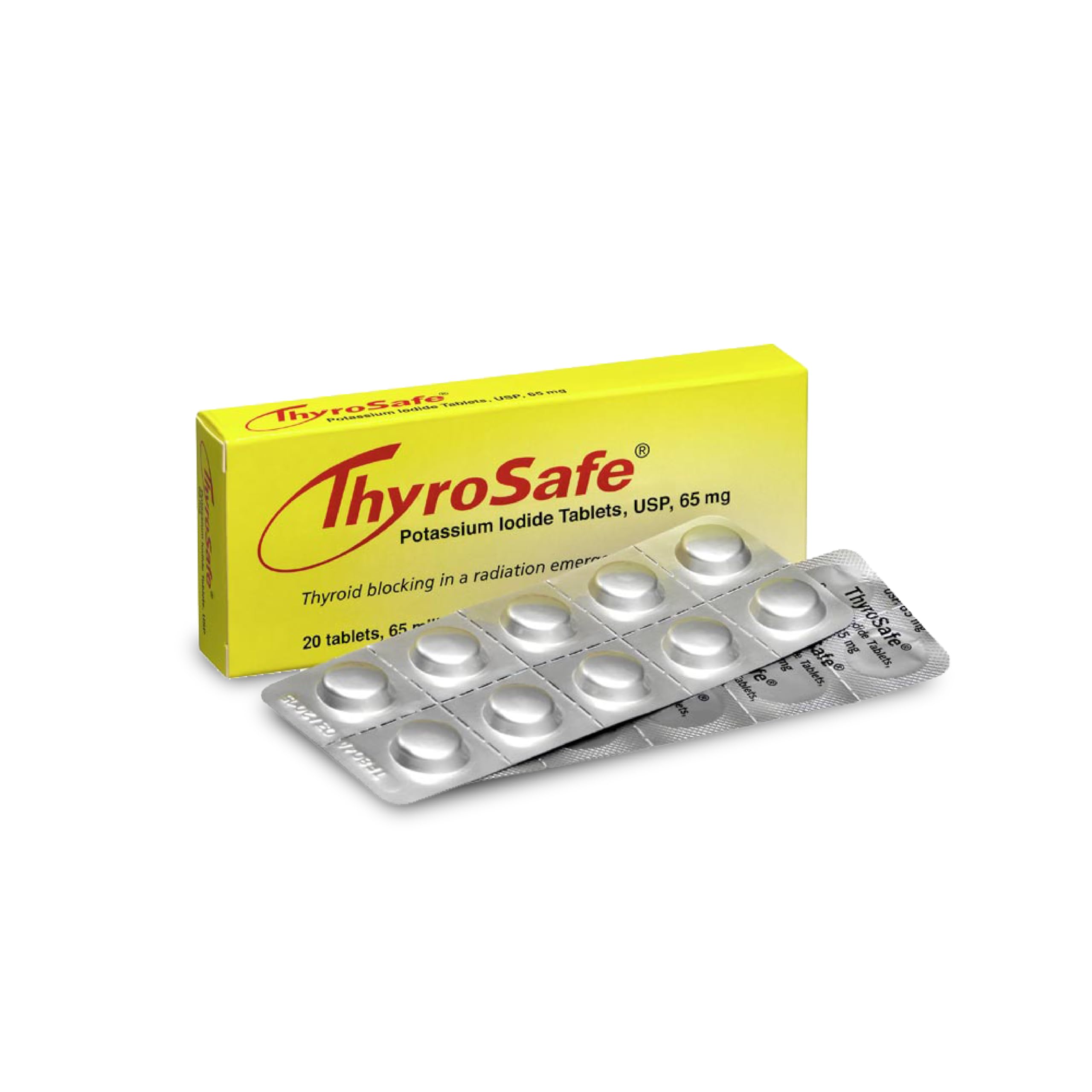 ThyroSafe: boîte de 20 comprimés 65 mg d’iodure de potassium prête pour les kits d’urgence.