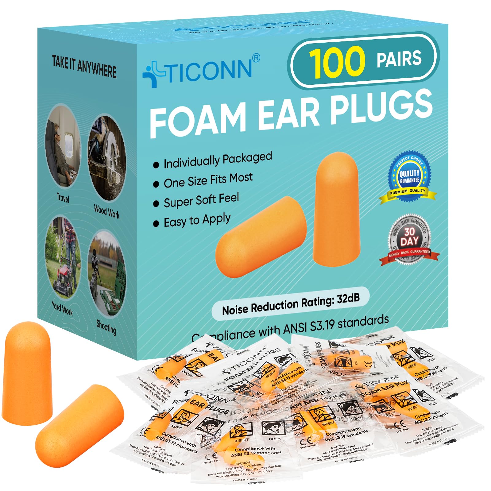 Bouchons d'oreilles TICONN 32dB – emballage individuel pour hygiène