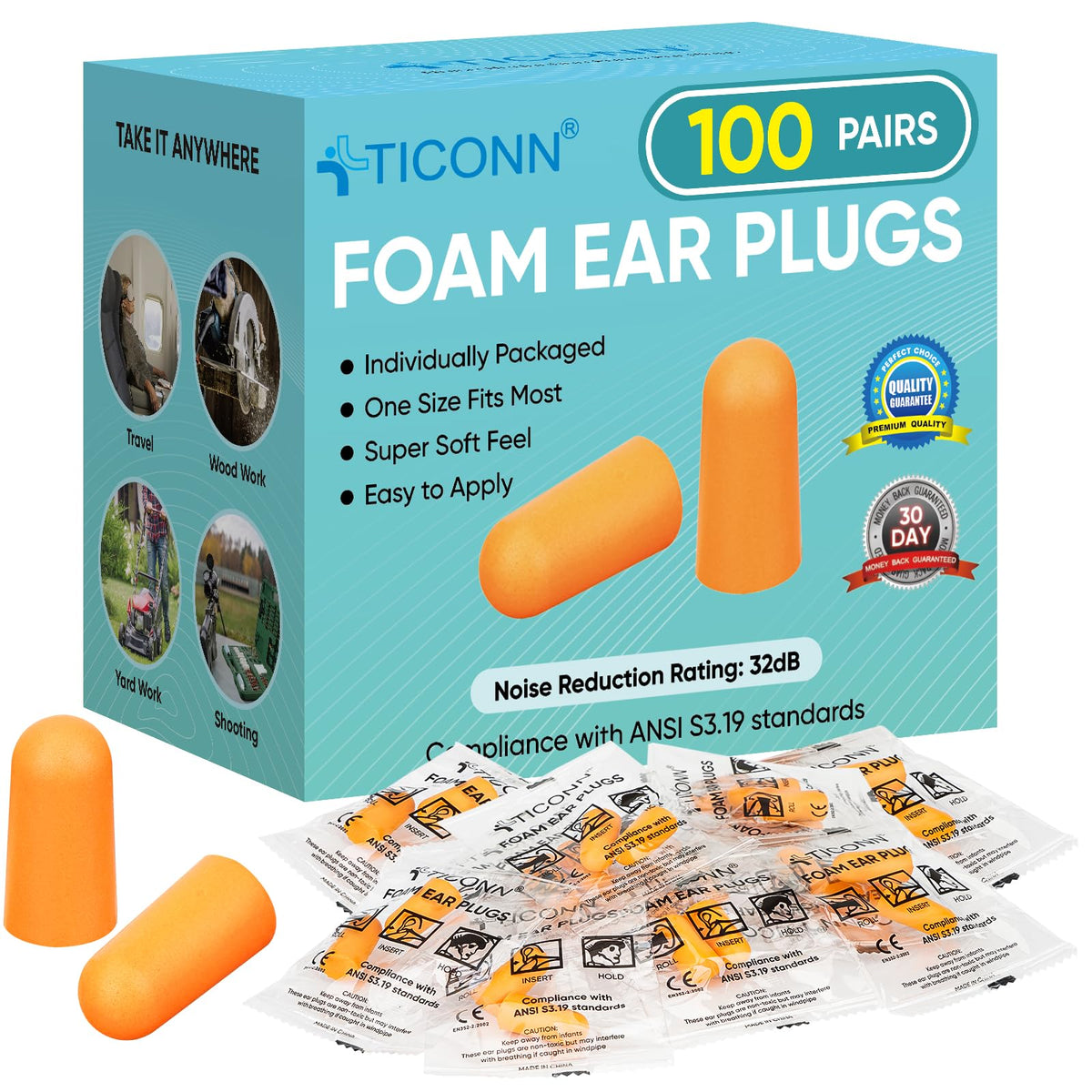 Bouchons d'oreilles TICONN 32dB – emballage individuel pour hygiène