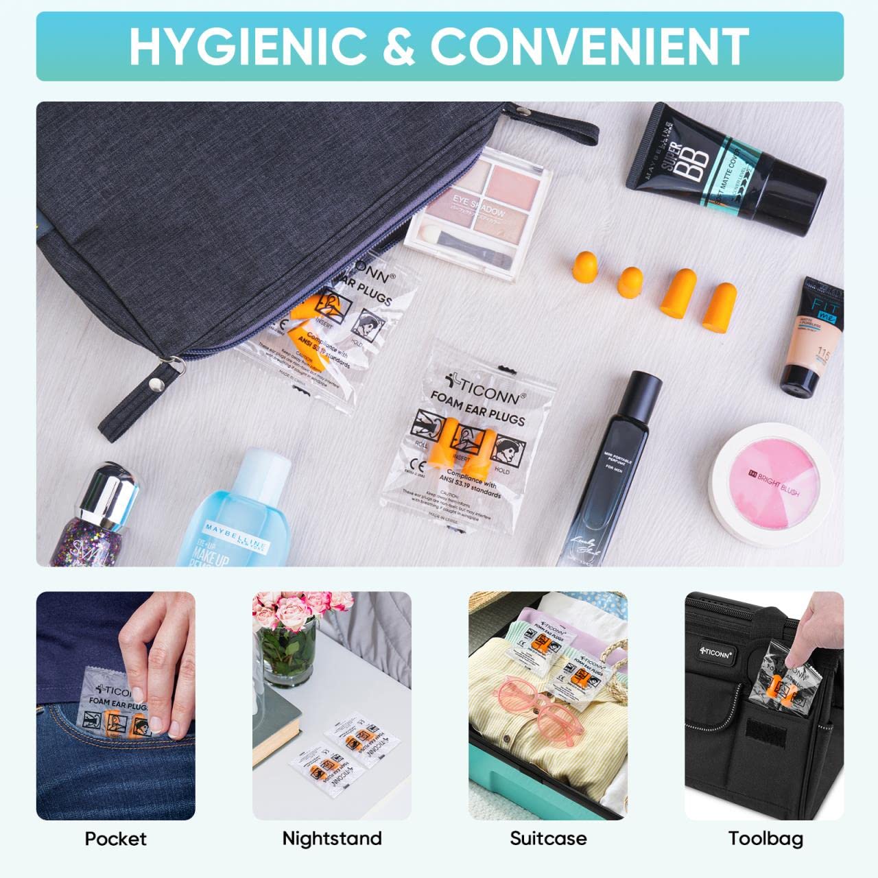 Format portable et individuel des bouchons TICONN pour voyage.