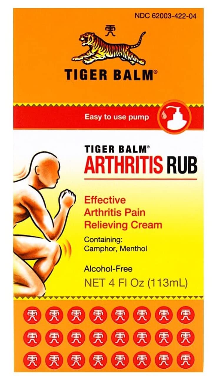 Tiger Balm Arthritis Rub emballage 4 oz, pratique et compact pour le rangement quotidien.