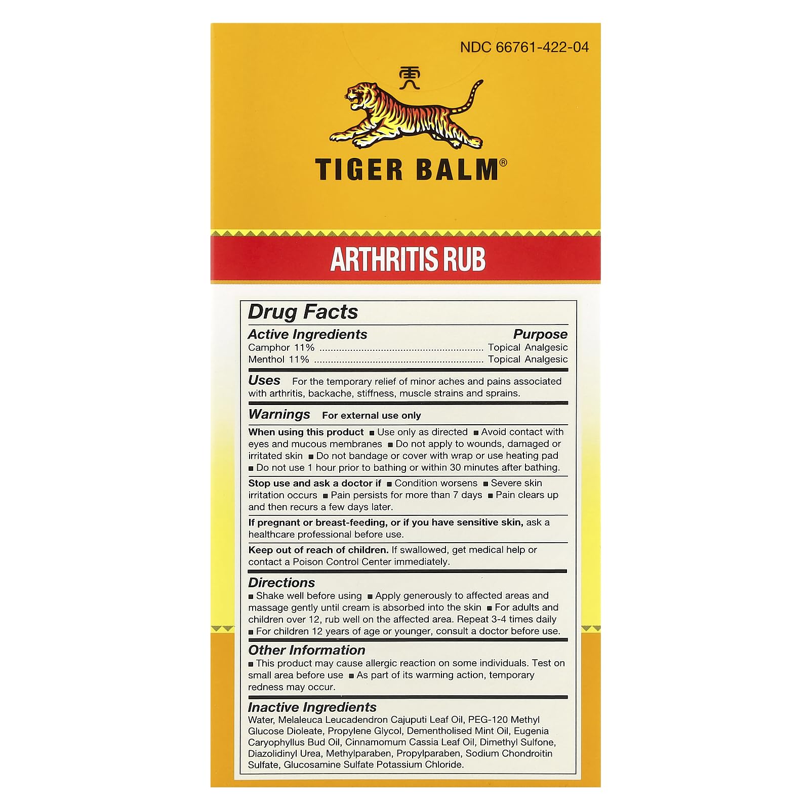 Tiger Balm Arthritis Rub – camphre et menthol apportant une sensation rafraîchissante.